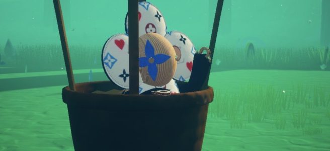 Louis the Game character Vivienne riding in a hot air balloon. The background is different shades of green