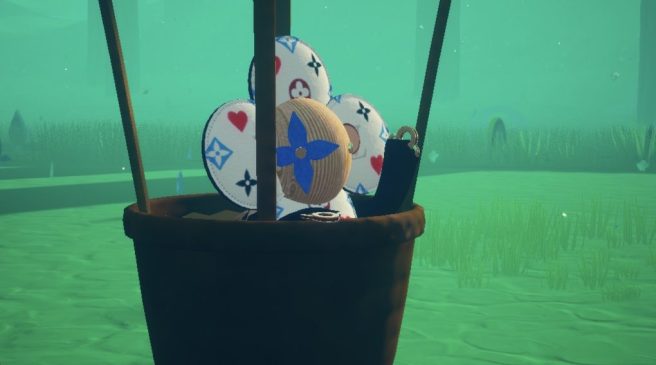 Louis the Game character Vivienne riding in a hot air balloon. The background is different shades of green